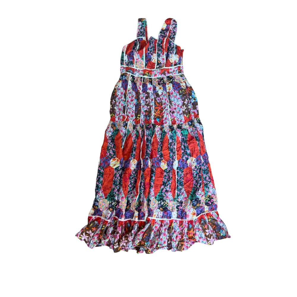 Anthropologie Patchwork Floral Tiered Maxi Dress Red Purple Size 6 Boho Ruffle